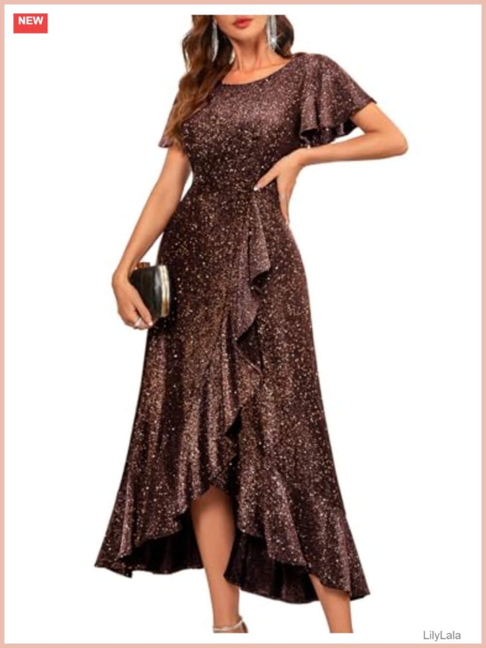 Sequin Formal High Low Dress Flutter Sleeve Wedding Guest